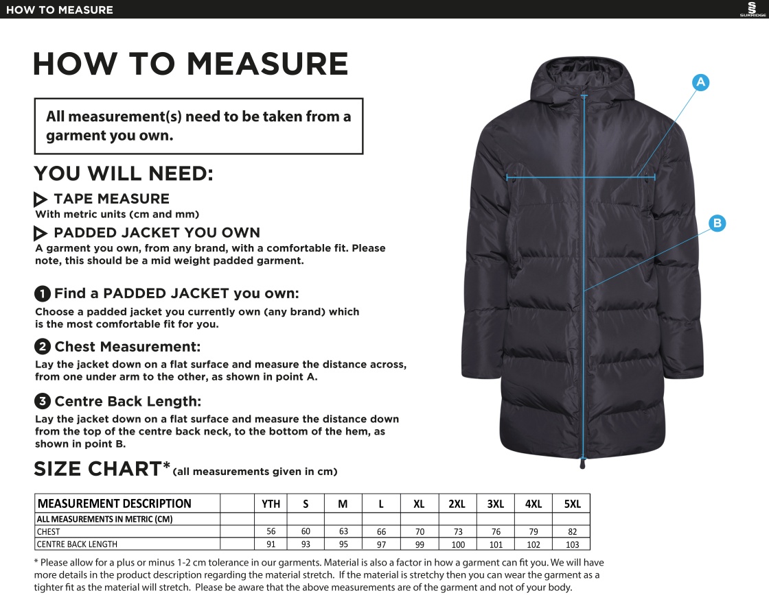 South Shore FC - Active Long Padded Jacket - Size Guide