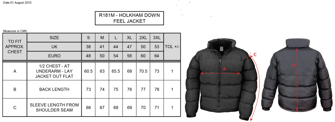 South Shore FC - Holkham Down Feel Jacket - Men's/Unisex Fit - Size Guide
