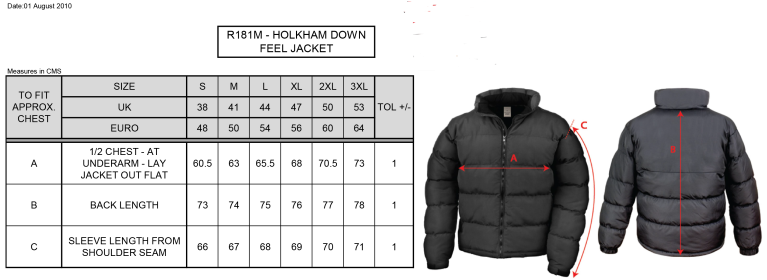 South Shore FC - Holkham Down Feel Jacket - Men's/Unisex Fit - Size Guide