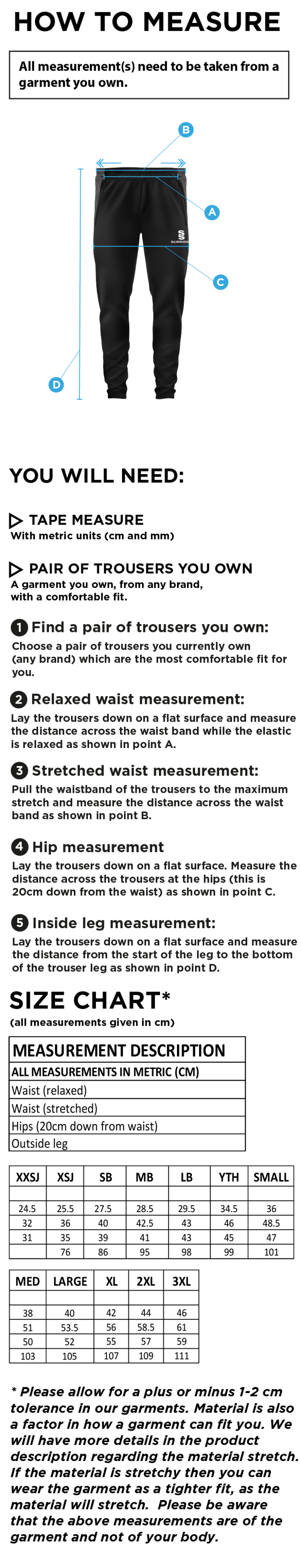 South Shore FC - Tek Slim Training Pants - Unisex Fit - Size Guide
