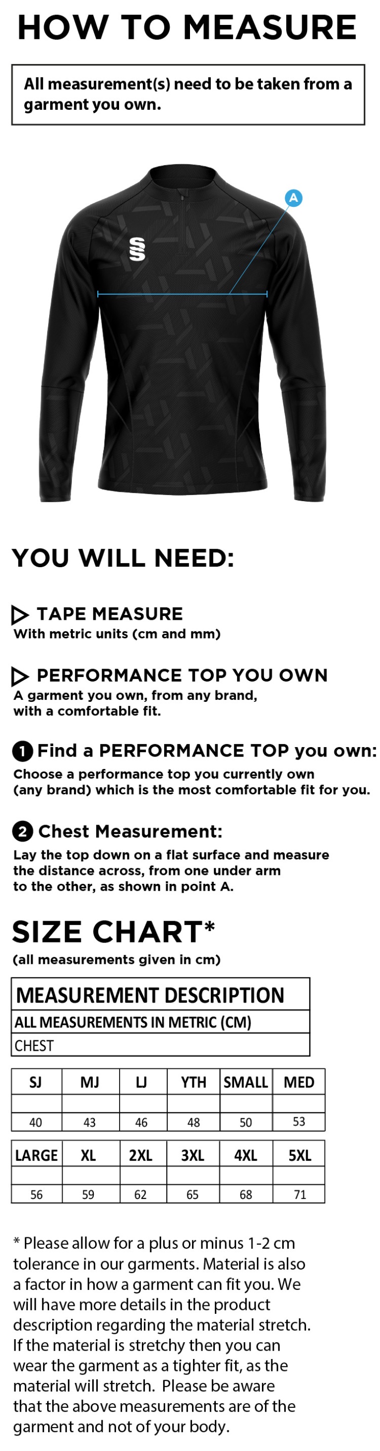 South Shore FC - Impact 1/4 Zip Performance Top - Size Guide
