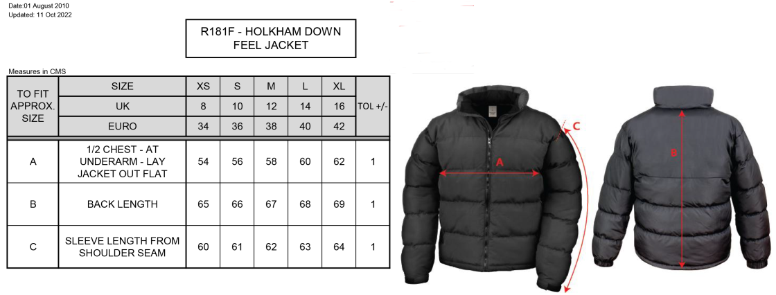 South Shore FC - Holkham Down Feel Jacket - Women's Fit - Size Guide