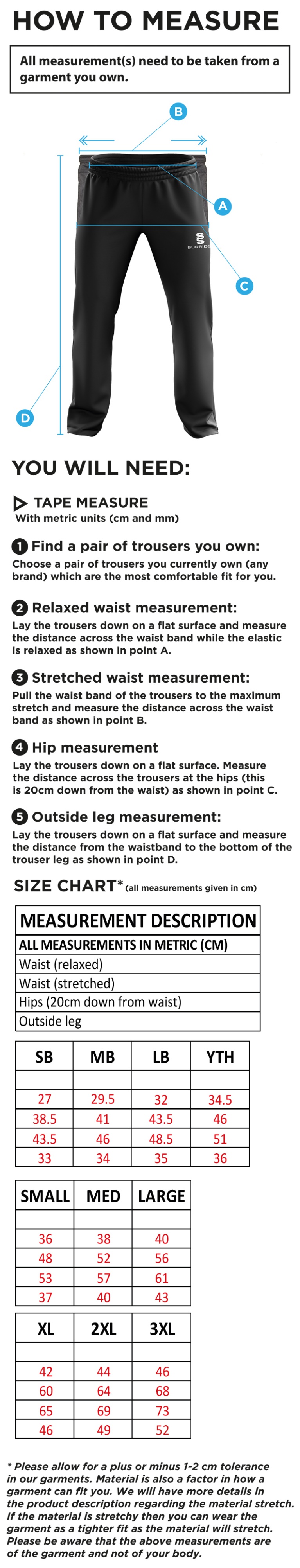 South Shore FC - Rip Stop Track Pant - Men's/Unisex Fit - Size Guide