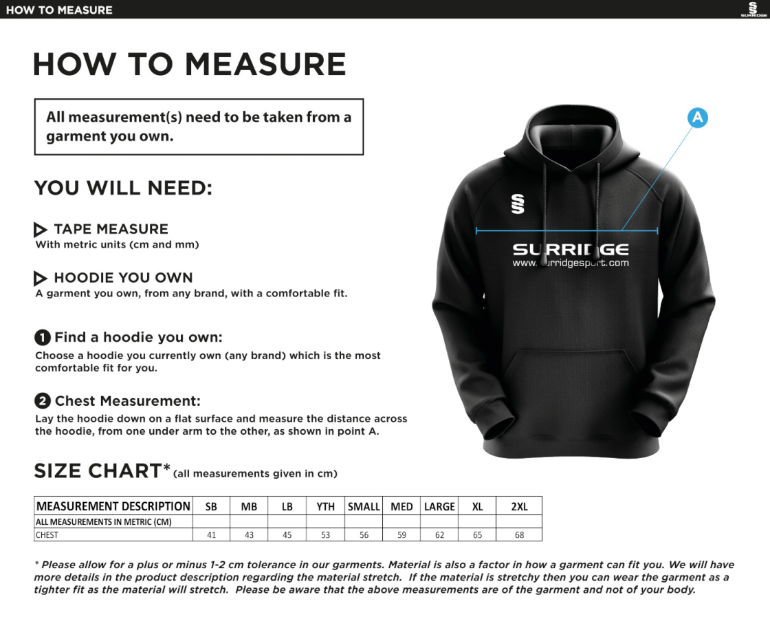 South Shore FC - Blade Hoody - Black / Red / White - Size Guide