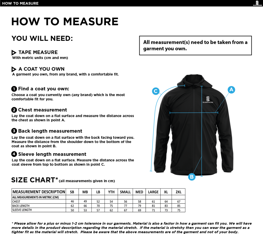 South Shore FC - Dual Elite 1/4 Zip Hoody / Rain Jacket - Unisex Fit - Size Guide