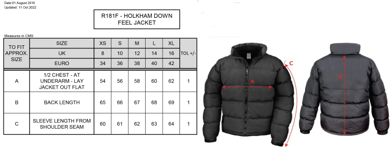 South Shore FC - Holkham Down Feel Jacket - Women's Fit - Size Guide