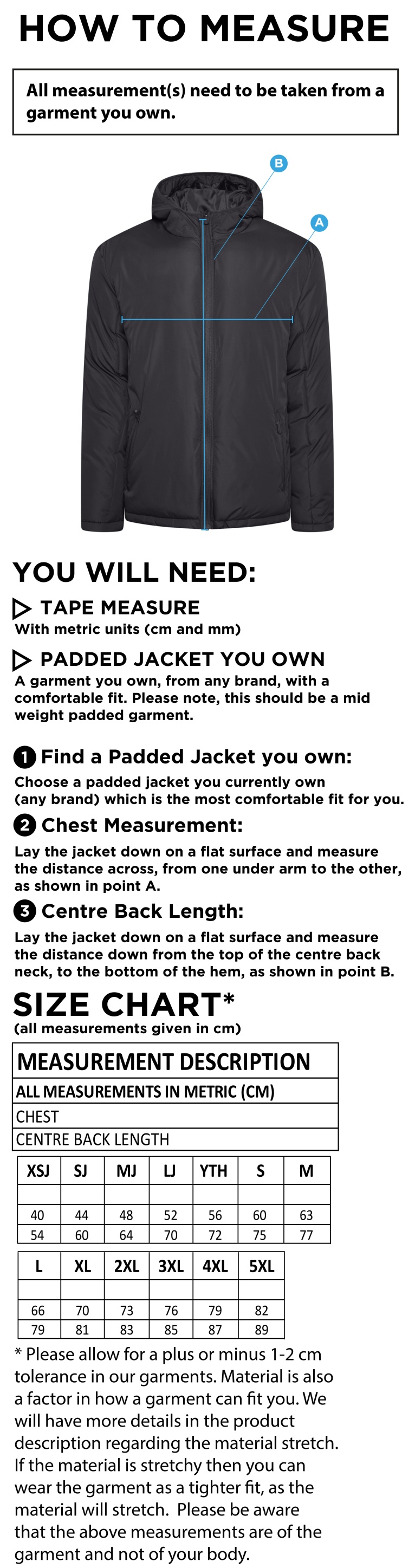 South Shore FC - Active Padded Jacket - Size Guide
