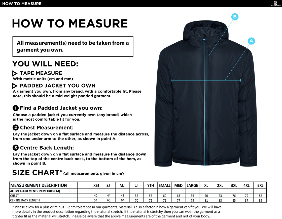 South Shore FC - Active Padded Jacket - Size Guide