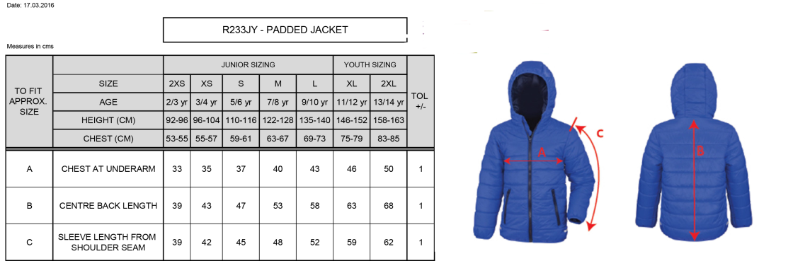 South Shore FC - Supersoft Padded Jacket - Junior Fit - Size Guide