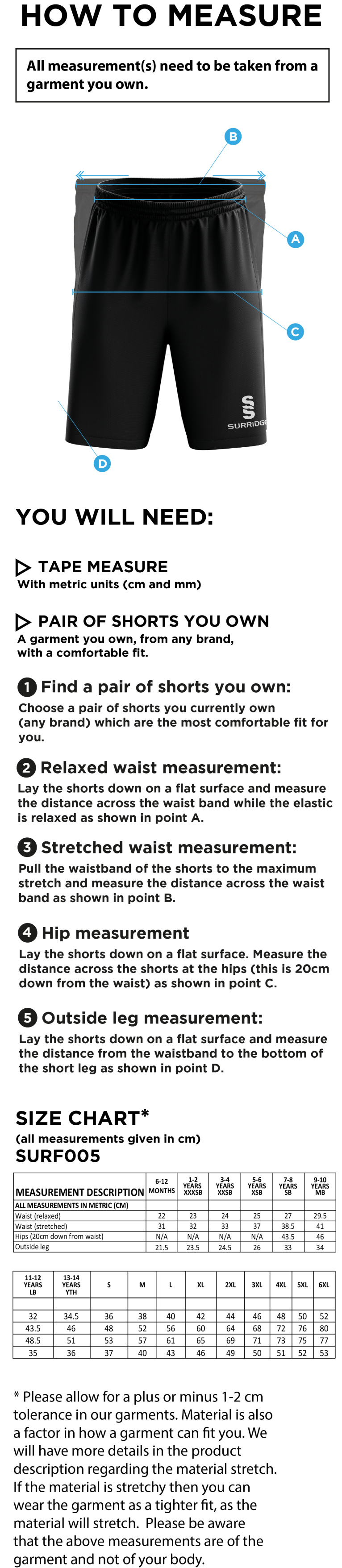 South Shore FC - Match Short - Size Guide