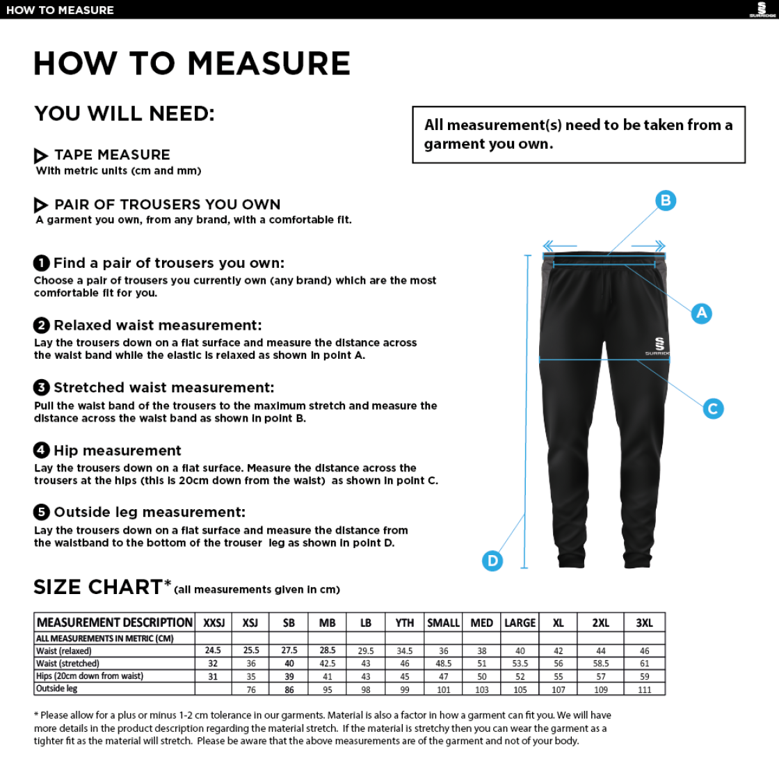 South Shore FC - Tek Slim Training Pants - Unisex Fit - Size Guide