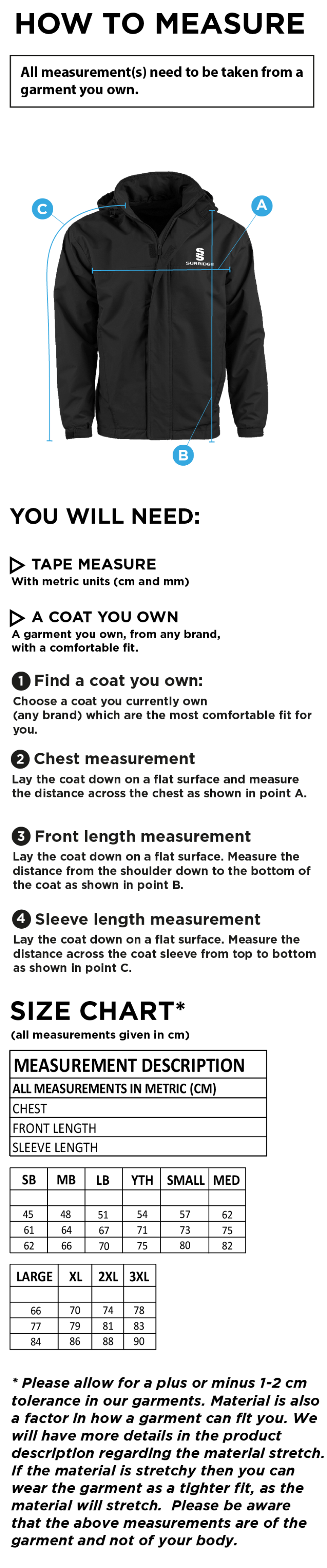South Shore FC - Dual Fleece Lined Jacket (Optional Sponsor) - Size Guide