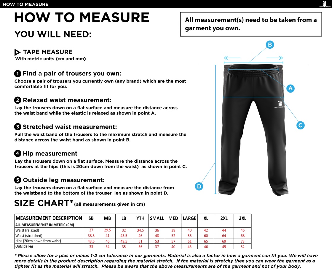 South Shore FC - Rip Stop Track Pant - Men's/Unisex Fit - Size Guide