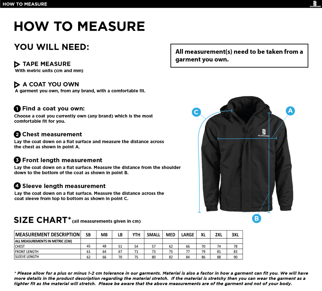 South Shore FC - Dual Fleece Lined Jacket (Optional Sponsor) - Size Guide