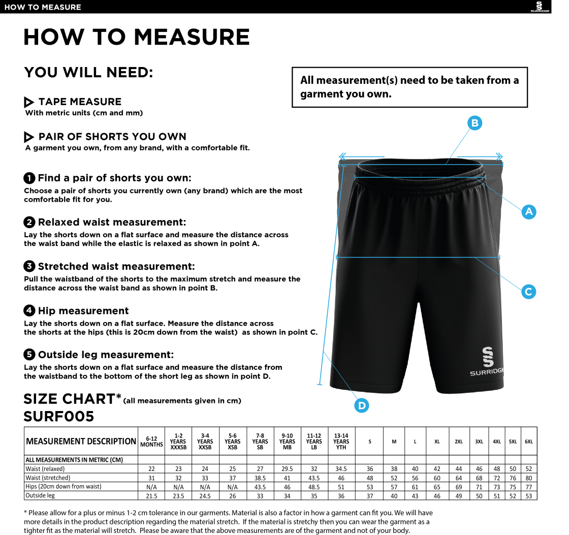 South Shore FC - Match Short - Size Guide
