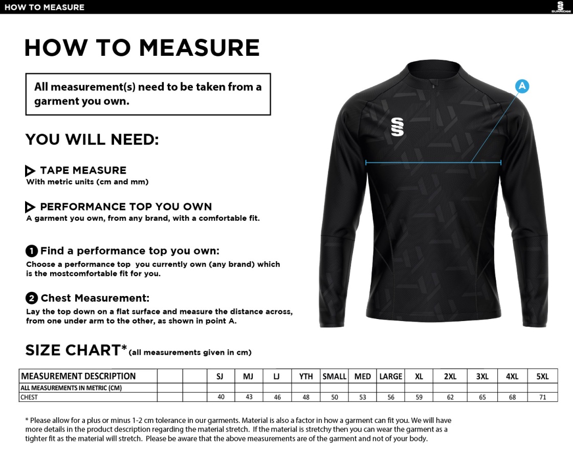 South Shore FC - Impact 1/4 Zip Performance Top - Size Guide
