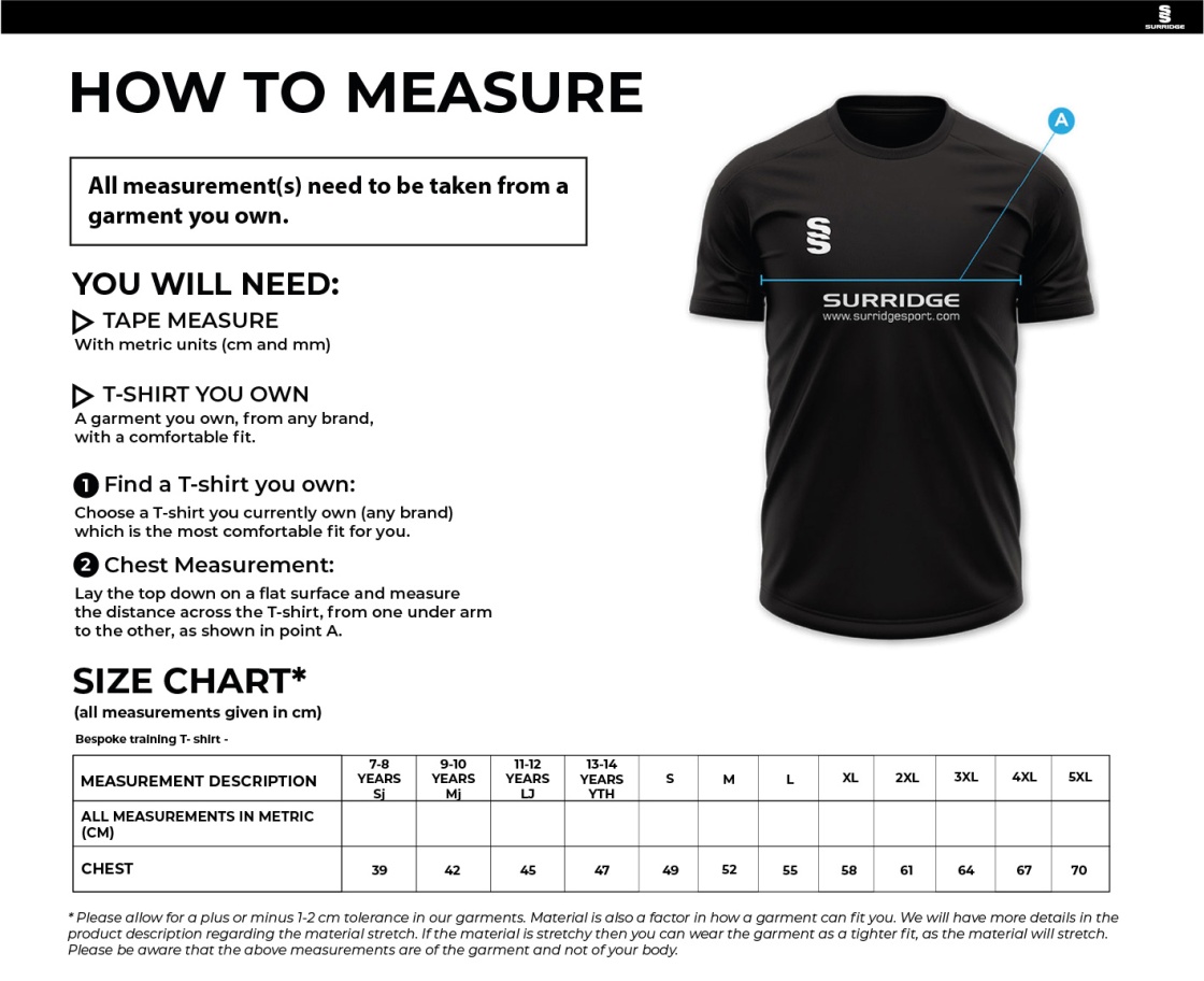 South Shore FC - Impact T-Shirt - Size Guide