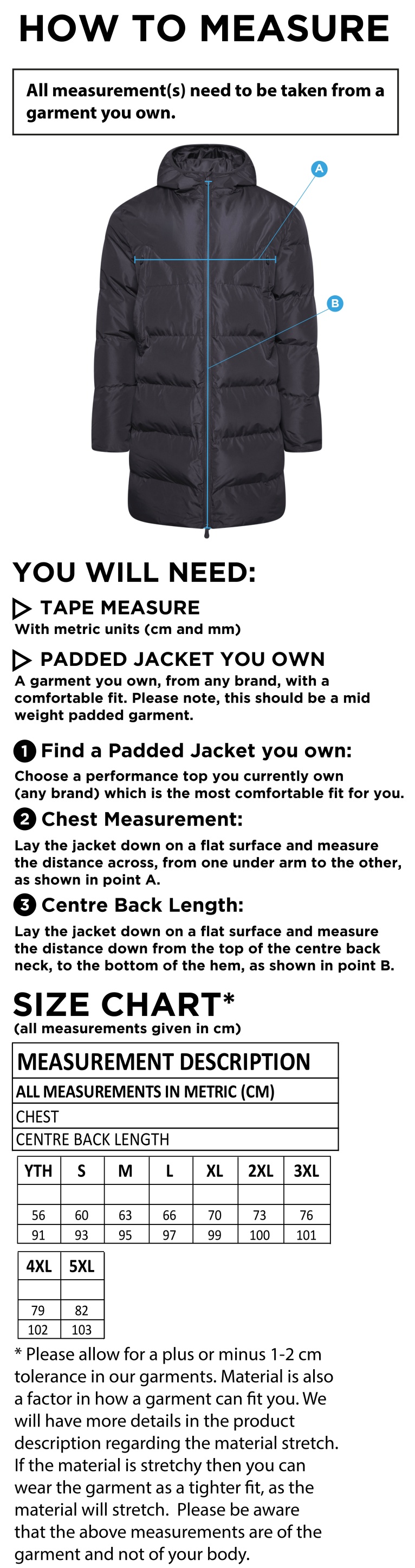 South Shore FC - Active Long Padded Jacket - Size Guide