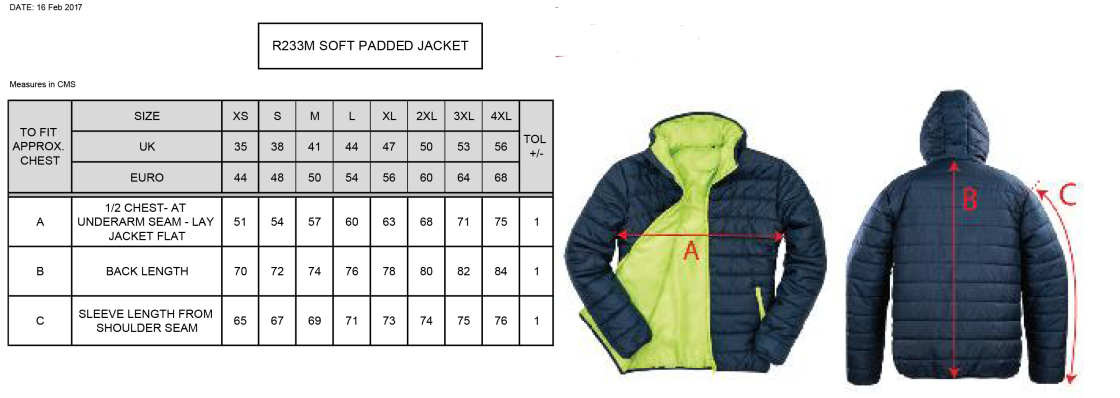 South Shore FC - Supersoft Padded Jacket - Unisex Fit - Size Guide