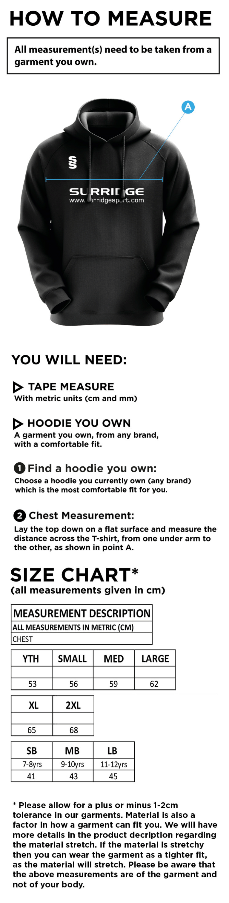 South Shore FC - Blade Hoody - Black / Red / White - Size Guide